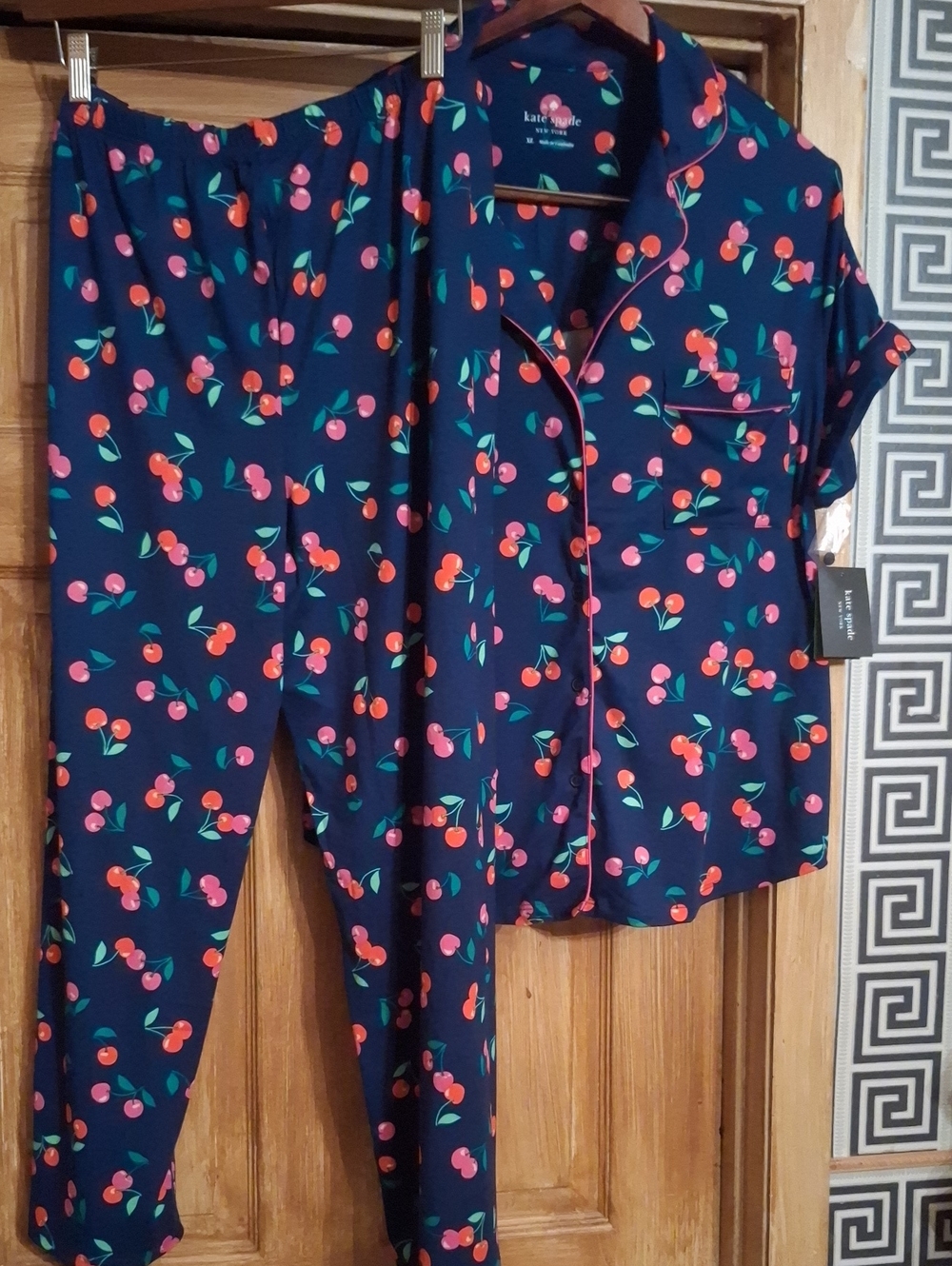 kate spade navy cherry print pajama set with pink and red cherries